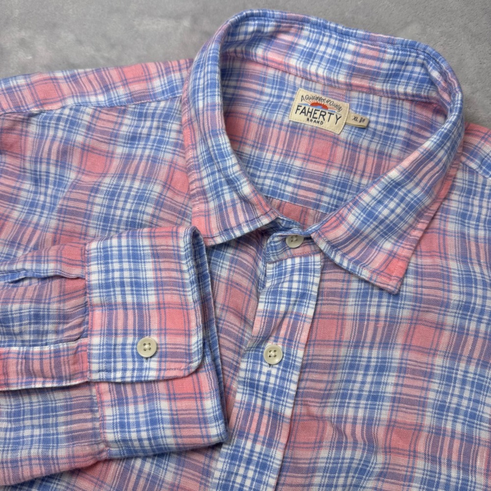 Faherty Button Up 100% Linen Shirt Mens XL Blue/Pink Plaid Long Sleeve Casual
